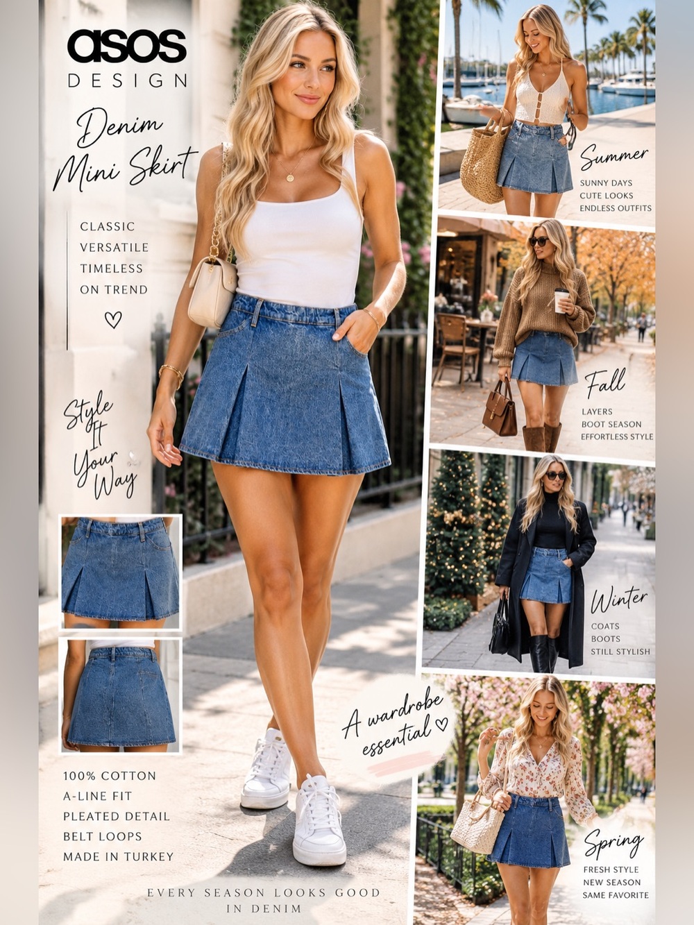 ASOS Denim Pleated Mini Skirt in Blue Size 10 Y2K